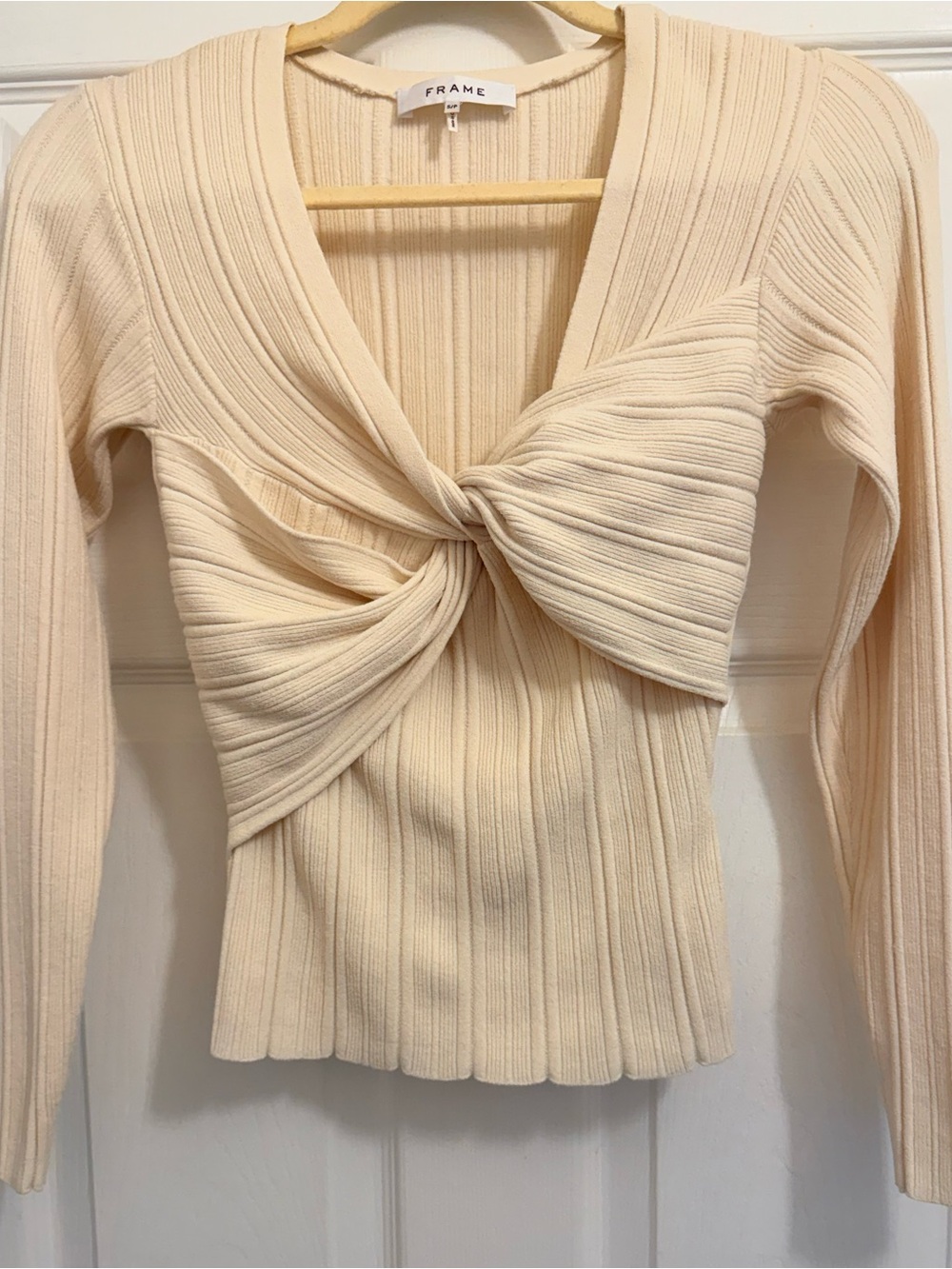 Frame Denim Cream Ribbed Twist-Front Long Sleeve Top-Size S/P